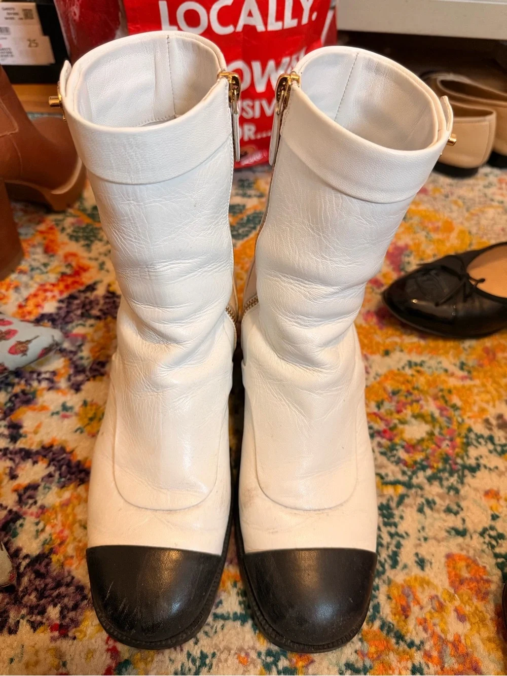 CHANEL White Leather Ankle Boots with Black Cap Toes